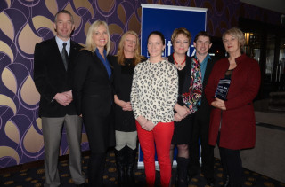 Award winners (from left) Charlie Phillips (Queenstown Resort College), Andrea Ross (People Potential), Jacqui Byrne (NZ Fashion Tech Ltd), Thea Treahy-Geofreda (NZ College of Chiropractic), ITENZ chair Christine Clark, ITENZ deputy chair Mike Saywell and Val Marshall-Smith (NZ Fashion Technology) in Queenstown